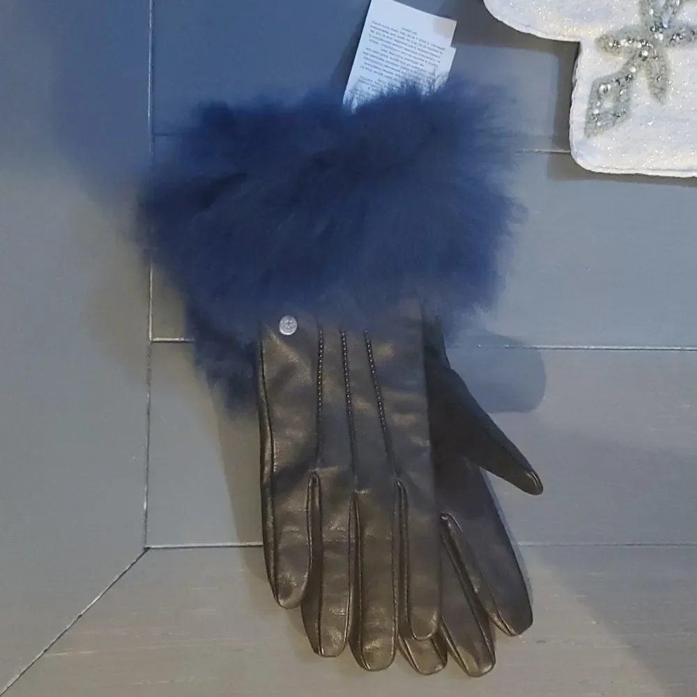 UGG Black LEATHER GLOVES  REAL FUR Blue W/ Shearling cuffs size medium